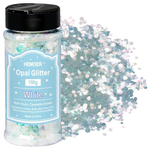 HEMOER Purpurina Gruesa Opalina Blanco, 100g Grado Cosmético Brillos Corporales para Uñas, Cara, Cabello y Maquillaje de Festival, Hexágono Purpurina para Manualidades, Resina Epoxy Decoración