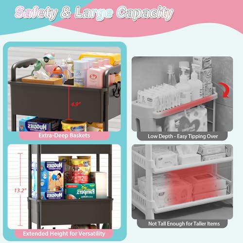 Image of SUNALLY Baby Diaper Caddy Cart, 3 Tier Rolling Diaper Cart with Lockable Wheels for Nursery Essentials, Large Capacity & Easy Assemble Diaper Storage Organizer for Newborn,New Mom, Black