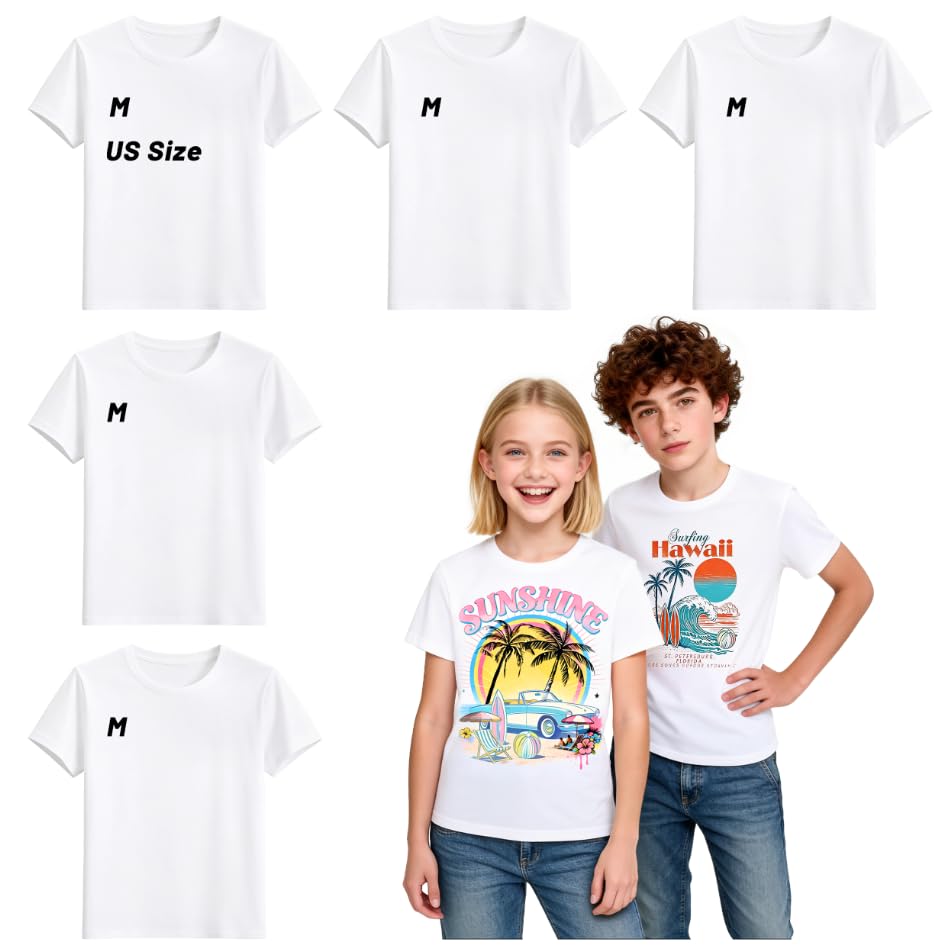 Joyclub 5 Pack Youth Sublimation Blanks T Shirts White Polyester Crew Neck Short Sleeve for Heat Transfer School Team Camp Events Ages 10-12