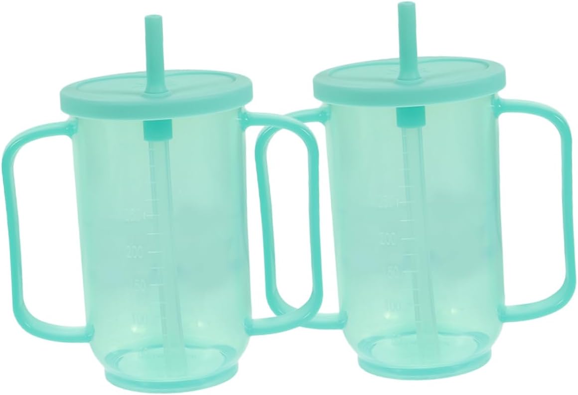 Zerodeko 2pcs Spill Elderly Care Cup with Lid and Straw Lightweight Drinking Mug for Disabled Adults for Hospital Use Easy Clean Design Dual Handle Liquid Diet Feeding Mug
