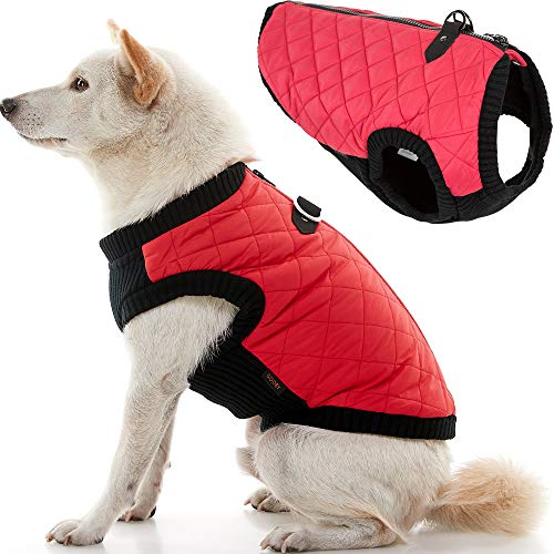 Image of Gooby Fashion Vest Dog Jacket, Red, Large | Quilted bomber, water-resistant; Stretch knit bottom; Dual D-ring leash; Pain-free zipper guard; Warm