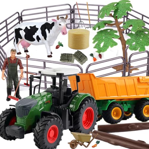 Hyrenee Traktor Spielset Bauernhof Spielzeug Set Traktor mit kippbaren Anhängern LKW Fahrzeuge Bauer Kuh für Kinder 3 4 5 6 Jahre aufwärts