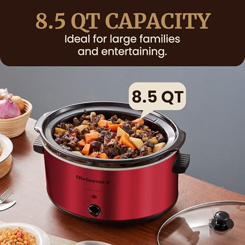 Elite Gourmet MST-900RXT# Electric Ceramic XL Jumbo Slow Cooker, Adjustable Temp, Entrees, Sauces, Stews & Dips, Dishwasher Safe Glass Lid & Crock, 8.5Qt, MetallicRed