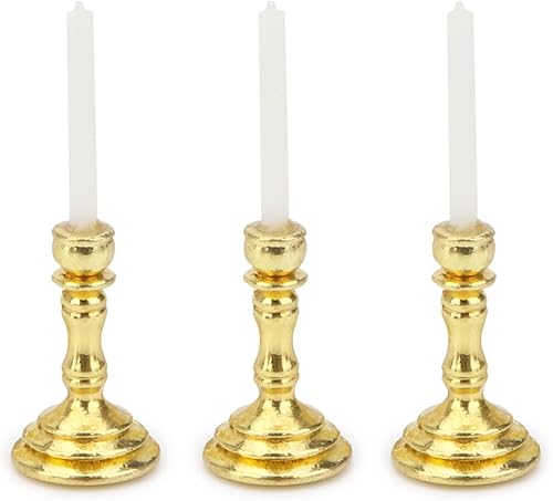 Miniatura 6 de Juego de 3 candelabros en miniatura para casa de muñecas, juego de 3 portavelas a escala 112, velas vintage para casa de muñecas, accesorios de