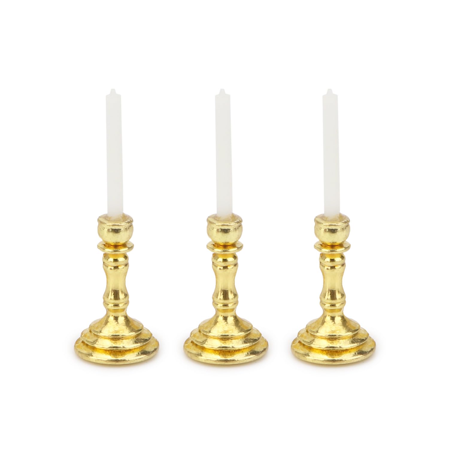 Juego de 3 candelabros en miniatura para casa de muñecas, juego de 3 portavelas a escala 1/12, velas vintage para casa de muñecas, accesorios de adorno de escritorio con base redonda de metal para 6