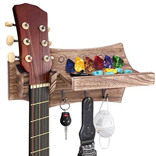 TCJJ Guitar Wall Hanger Guitar Wall Mount Bracket Guitar Holder Wood Hanging Rack with Guitar Accessories Storage Shelf and 3 Hooks (Brown)