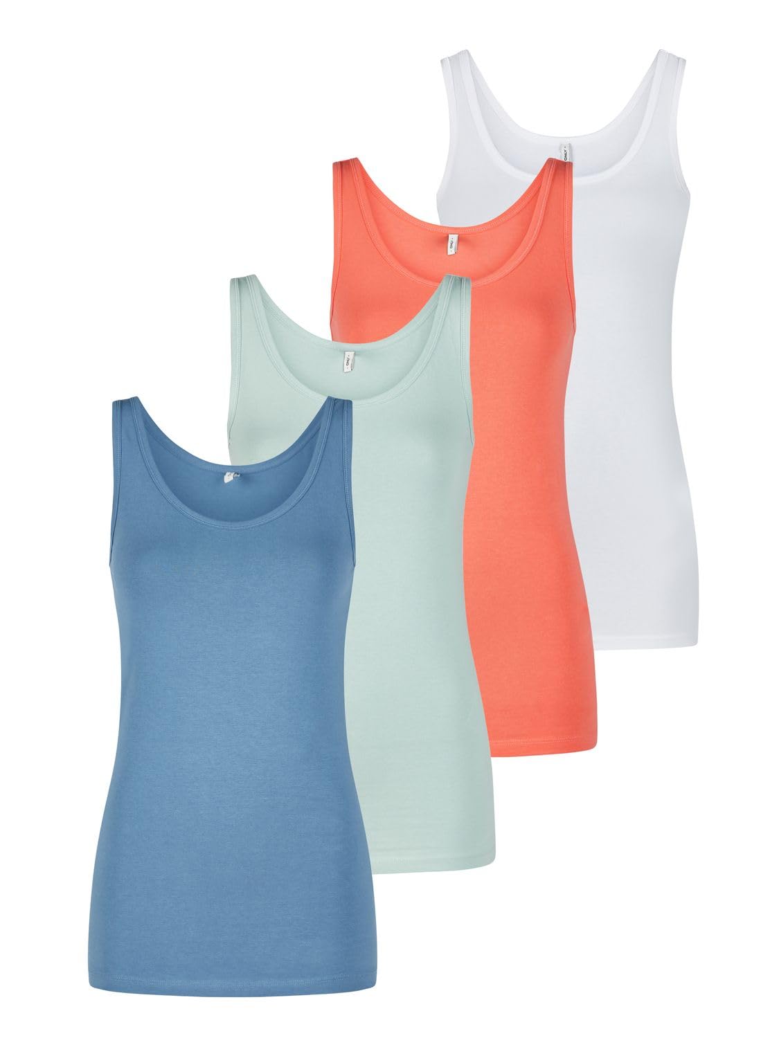 ONLY Tank Top Damen Baumwolle Stretch Slim Fit Onllive LUV 4er Pack Set Basic Shirt Rundhals Trägershirt Ärmellos Oberteile Einfarbig Schwarz Weiß Beige Rot Grün Blau Navy S M L XL XXL