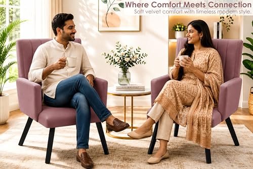 Image of Rosebell Modern Velvet Office Chairs Set of 2 with Armrests & Metal Legs | Upholstered High Back Leisure Chairs for Living Room, Bedroom, Office, Cafe & Dining Room | Rose Pink