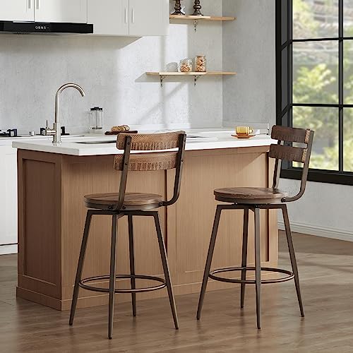Watson-Whitely-Swivel-Bar-Stools-with-Detachable-Back-26-Counter-Height-Bar-Stools-Rustic-Farmhouse-Wood-Barstools-Set-of-2-for-Kitchen-Dining-Room-Metal-Base-in-Antique-Bronze-Brown Watson Whitely Swivel Bar Stools with Detachable Back 26 Counter Height Bar Stools Rustic Farmhouse Wood Barstools Set of 2 for Kitchen Dining Room Metal Base in Antique Bronze Brown