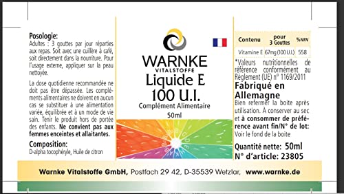 Vitamin E Öl Tropfen 100 I.E. - 50ml - hochdosiert & vegan - D-alpha-Tocopherol - natürliches Vitamin E flüssig | Warnke Vitalstoffe - Deutsche Apothekenqualität