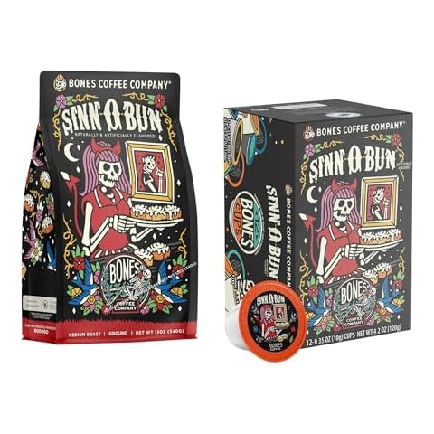 Bones Coffee Company Sinn 'O' Bun Ground Coffee Beans 12 oz and Bones Cups Sinn 'O' Bun 12 ct Bundle Cover