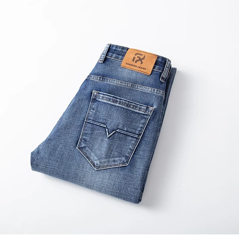 Autumn Men Regular Fit Stretch Jeans Classic Style Smoky Gray Casual Denim Pants Male Trousers Blue3