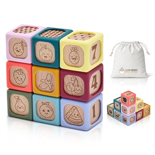 Cubes empilables bébé Montessori en bois et silicone sans BPA pour la motricité - 9 pièces