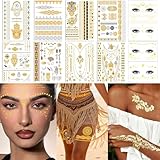12 Sheets Boho Gold Metallic Temporary Tattoos Set, Face Body Glitter Tattoo Collection for Women, Girls, Festivals, Parties