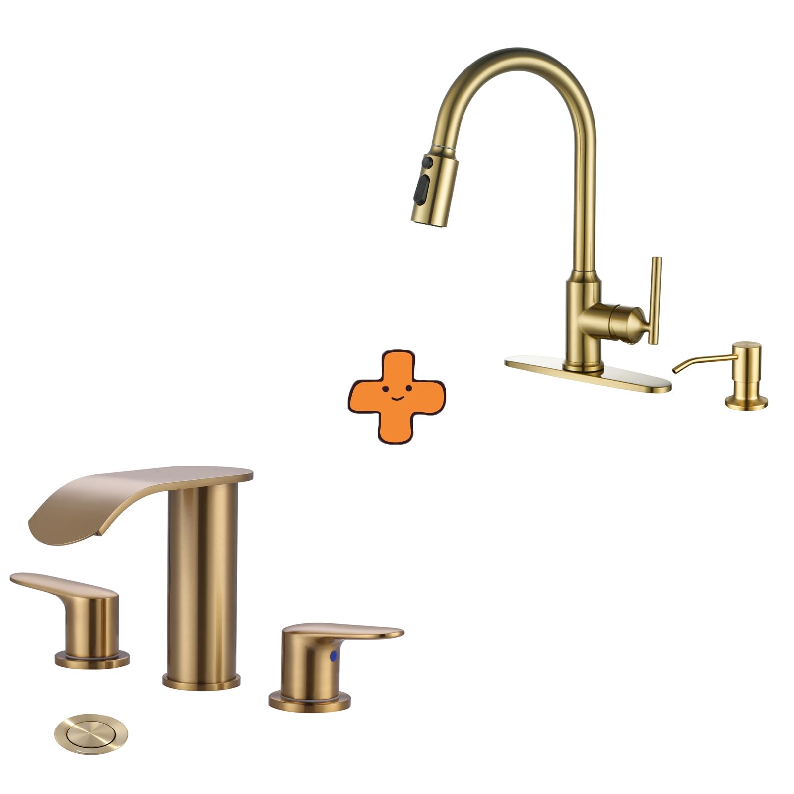 Jnfidosr Gold Waterfall Bathroom Faucet 3 Holes 8Inch Widespread Bathroom Sink Faucet And Kitchen Faucets With Pull Down Sprayer, Kitchen Faucet With Sprayer