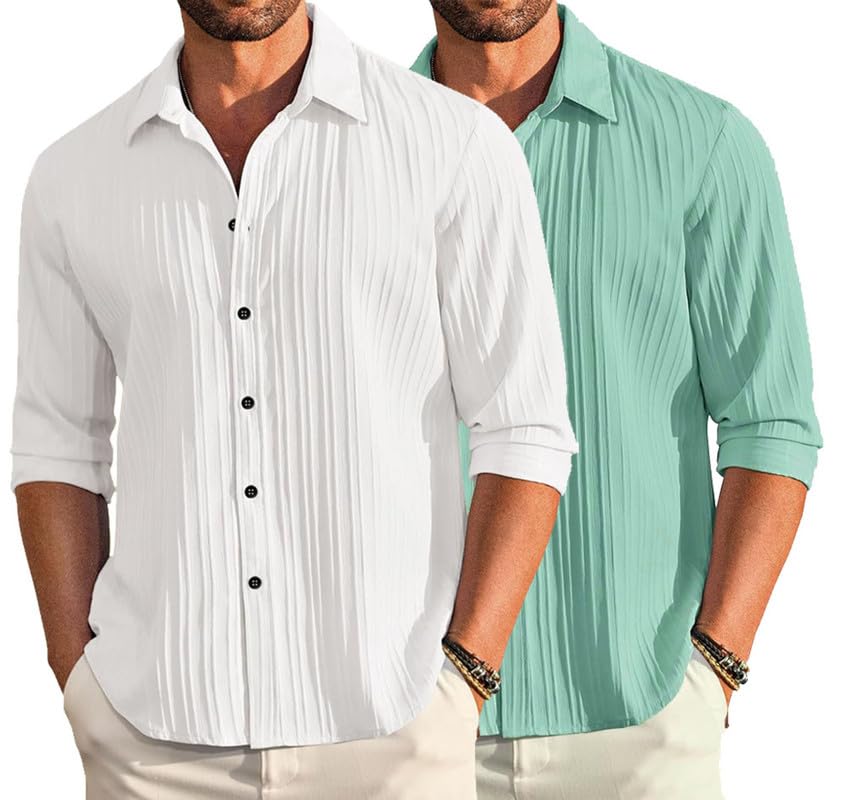 Image of DEELMO Combo of Men's Casual Button Down Shirts Long Sleeve Linen Shirt Fashion Textured Summer Shirts Pack of 2