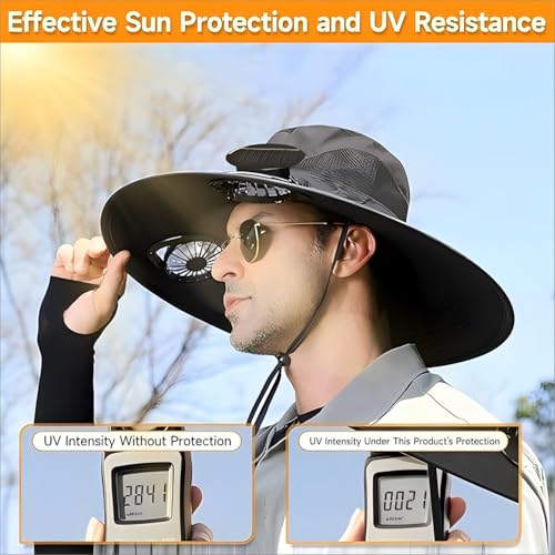 Image of Solar Fan Hat, Wide Brim Sun Hat with 2 Solar Fan,for Outdoor Hiking Gardening, USB Solar Charging(Grey)