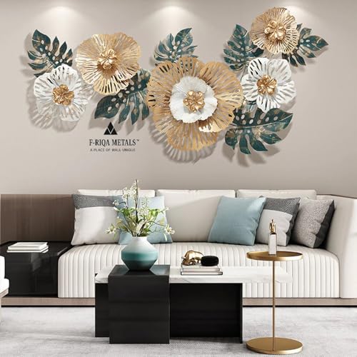 Image of F-RIQA METAL Modern Golden Floral Metal Wall Art for Living Room | Handcrafted 3D Iron Flower Wall Decor Metal Wall Art Leaf Design | Luxury Wall Hanging Decoration for Living Room, Bedroom, Hallway & Office 42x20 INCH (Americana)