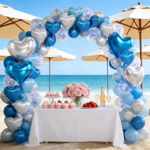 Image of Blue and Silver Heart Balloons Party Decoration, Heart Shaped Foil and Latex Balloon Ocean Decorations Set for Boys Men Happy Birthday Party, Graduation, Baby Shower, Valentines, Wedding, Anniversary