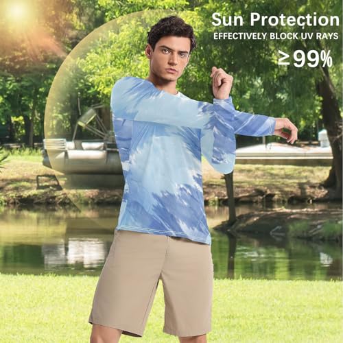 Light Blue Tiedye Men's UPF 50+ Swim Shirts Fishing Long Sleeve UV Sun Protection Long Sleeve Shirts Hiking4