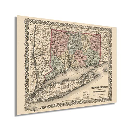 HISTORIX Vintage 1859 Connecticut State Map with Portions of New York & Rhode Island - 18x24 Inch Vintage Map of Connecticut Wall Art - Old Map of CT - Connecticut Map Poster Decor