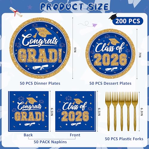 Image of QZYL Graduation Party Supplies Set for 50 Guests, Blue and Gold Graduation Plates and Napkins 2026, 200Pcs Disposable Grad Plates, Napkins, Dessert Plates and Forks for 2026 Grad Ceremony