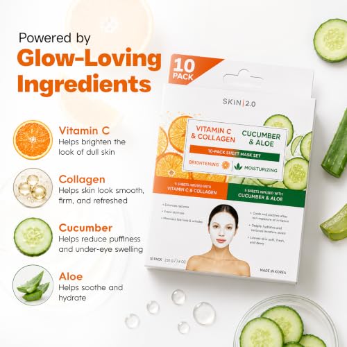 Image of Skin 2.0 Collagen Face Mask With Vitamin C + Aloe & Cucumber - Dermatologist Tested, Anti Aging, Korean Skin Care - Moisturizes, Firms, Soothes & Helps Reduce Dark Spots - Vegan Clean Beauty, 10 Count