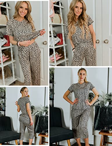 Ekouaer 2 Pack Women's Pajama Sets Short Sleeve Two-Piece Pjs V Neck Tops & Capri Pants Printed Lounge Sets S-3XL4
