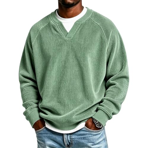 Corduroy Shirt Men Long Sleeve Layered Top V Neck Pullover - image 1