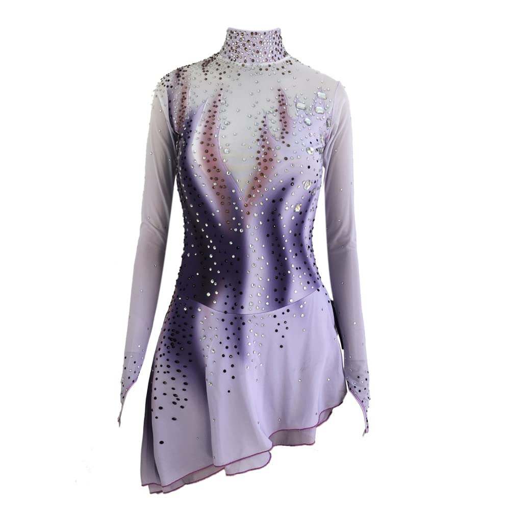 BINGHUOZHIWU Grey high Neck Long Sleeve Handmade Figure Ice Skating Dress for Women