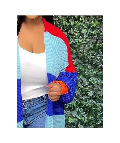 Image of SOMTHRON Women's Fall Cardigan Sweater Open Front Color Block Striped Knit Long Draped Coat Duster Outerwear