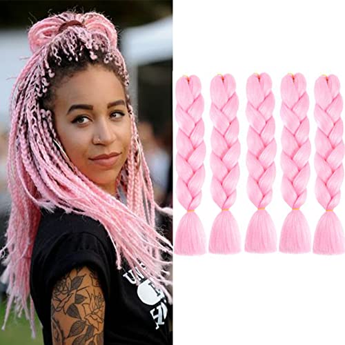 MSBELLE 5Pcs Ombre Braiding Hair 24 Inch Pink Braiding Hair Extensions 100g Pcs Jumbo Braids Hair for Women (Light Pink)