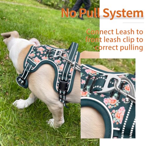 Image of HEELE Dog Harness, Reflective, No Pull No Choke, Flower Blackish Green, S | Front Clip for Small Dog Harness, 2 Metal Rings with Handle, Adjustable, Soft Breathable Padded Pet Vest for Night Walking