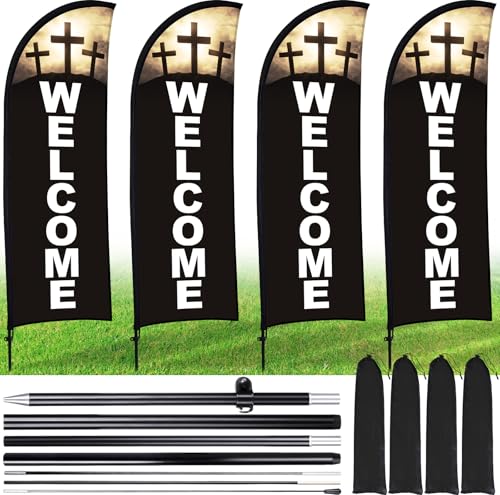Buryeah 2 Sets Welcome Feather Flag Sign Kit 8 ft Welcome Banners Swooper Flag with Fiberglass Poles and Point Stake for Outdoor Business and Events Promotion(Church,Black)