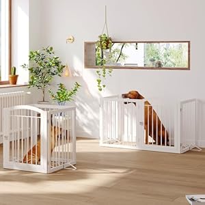 JSB 96-inch Extra Wide 30-inch Tall Dog gate with Door Walk Through, Freestanding Round Tube Pet Gate for Halls Stairs, Puppy Safety Dog Fence with 2PCS Support Feet (White)