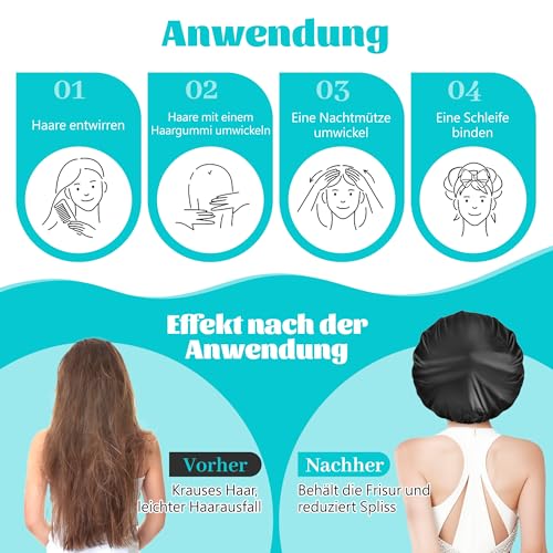 Seidenhaube zum Schlafen, Satin Haarhaube für Damen, Schwarze große Lockenhaube zum Schlafen, 42 cm Duschhaube für Haarpflege, Bonnet Seide mit weichem Gummizug (1)