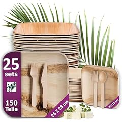 Waipur Bio Palmblatt Geschirr Set mit Holz Besteck - je 25 große Teller und Dessertteller, 50 Gabeln, je 25 Messer und Löffel - ähnl. Bambus-Teller Einweg