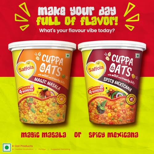 Image of Saffola Cuppa Oats, Magic Masala | Tasty Mazedaar Snack | Just add hot water | Goodness of Jowar & Veggies | No Maida, No Added Preservatives | Helps Manage Weight | 52g (Pack of 3)