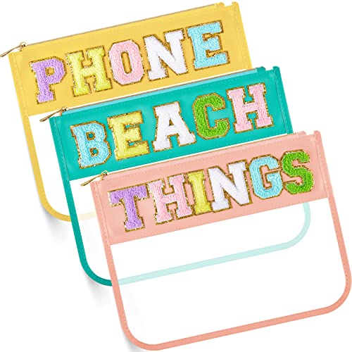 3 Pcs Chenille Letter Zipper Pouch for Travel Clear Snack Bags Waterproof Cosmetic Pouch Nylon Gym Beach Multipurpose Makeup Bag for Women Girl(Beach, Phone, Things,Candy Color)