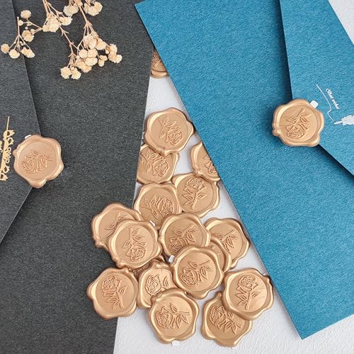 Wax Seal Stickers - 3D Rose Wedding Invitation Envelope Botanical Seal Stickers, 50 Pcs Self- Adhesive Light Gold Stickers, Perfect for Invitation, Christmas, Gift Wrapping, Wedding, Party
