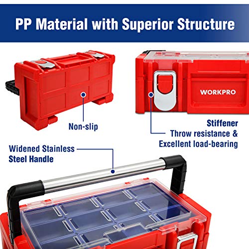 Workpro 17-Inch Plastic Tool Box, Red Storage Box With Locking Lid And Stainless Steel Handle, 18 Adjustable Compartments For Sockets, Crafts And Power Tools #TOP5