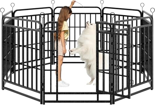 Image of Kfvigoho Heavy Duty Dog Fence Outdoor 8 Steel Panels 32 inch Height | Square Steel Pipe with Reinforced Crossbars, 18FT 25 Sq.ft Portable Dog Fence Outdoor for Yard & RV Camping, Snowy Black