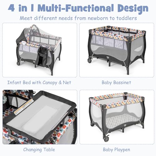 Image of BABY JOY 4 in 1 Pack and Play, Portable Baby Playard with Bassinet, Adjustable Canopy, Changing Table, Lockable Wheels, Music Box, Travel Baby Crib Bassinet from Newborn to Toddler