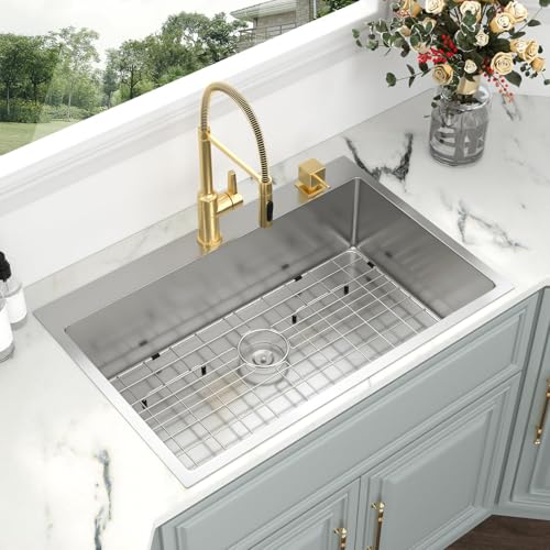 Image of Kichae 33 Drop In Kitchen Sink - 33x22 Kitchen Sink Drop in Topmount Single Bowl 16-Gauge Stainless Steel Drop Sinks Round Corner Basin With Rack & Stainless Steel Sink Grid