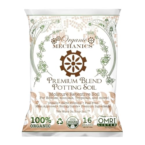 Organic Mechanics Premium Blend Potting Soil, 16 qt - Moisture-Retentive, Peat-Free, Compost - Enriched Mix with Worm Castings & Perlite for Houseplants, Annuals, Veggies & Tropical Plants