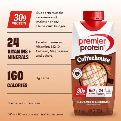 Image of Premier Protein COFFEEHOUSE 30g Protein Shake, Caramel Macchiato, 4 Pack | Caffeinated Energy Beverage, 160 Calories, 24 Vitamins & Minerals, No Added Sugar, Supports Muscle Health, Gluten-Free, 11 oz