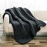 YAAPSU Chunky Knit Throw Blanket for Couch, 51'x63', 100% Hand Knitted Thick Cable Knit with Cozy Jumbo Chenille Yarn, Soft Large Rope Knot Crochet Blankets for Sofa Bed Living Room Décor, Black Grey