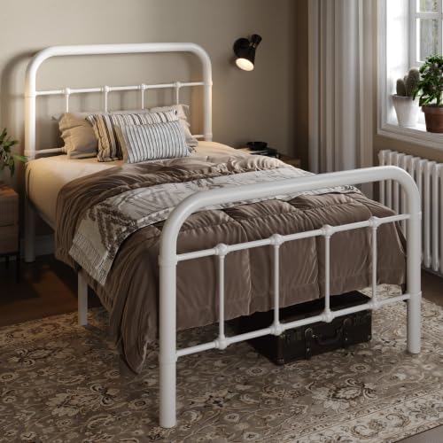 Image of Allewie Twin Size Metal Platform Bed Frame with Victorian Style Wrought Iron-Art Headboard /Footboard, No Box Spring Required, White