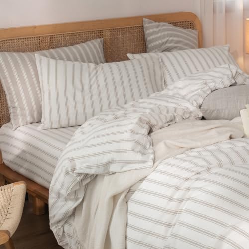 Image of BESTOUCH Striped Cotton Duvet Cover Set Linen Feel Super King Plus | 100% Washed Cotton, Soft Wrinkle Texture, Hidden Zipper, 8 Ties, Breathable Lightweight Durable Comfy, 3 Pcs No Insert