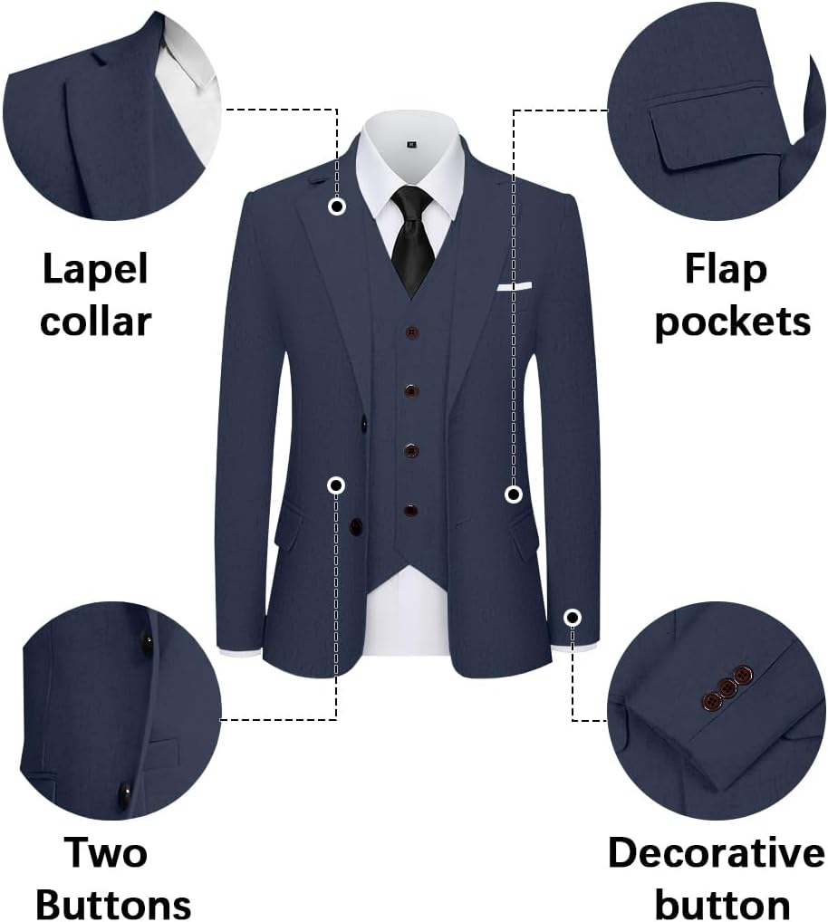 Men's 3 Piece Linen Suits Casual Lightweight Blazer Jackets Vest Pants Set for Wedding Business Prom Suit